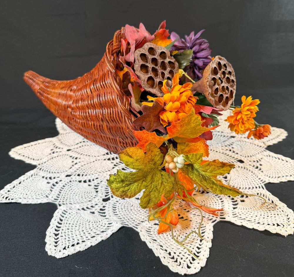 Vintage 1970s Wicker Cornucopia Horn of Plenty Thanksgiving Harvest Centerpiece